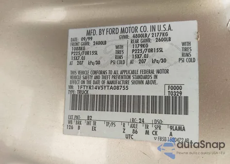 2000 Ford Ranger Xl/Xlt из США, поврежденный, VIN 1FTYR14V5YTA08755